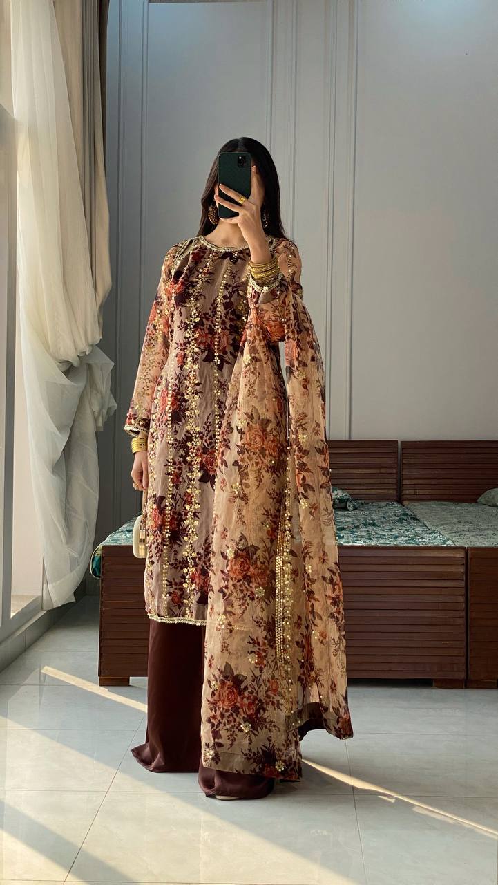 Party Wear Brown Color Embroidery With Sequence Work Digital Print Work Palazzo Suit
