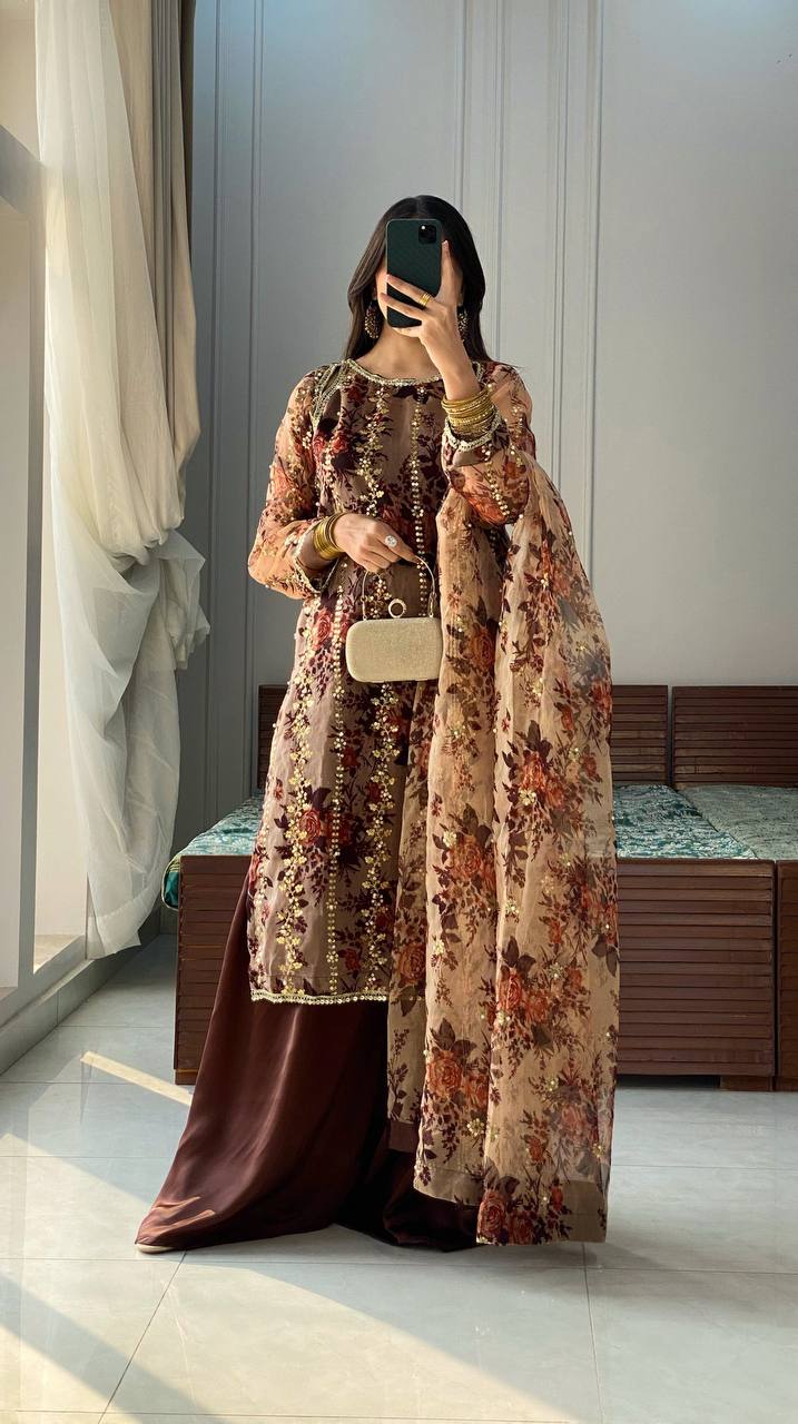 Party Wear Brown Color Embroidery With Sequence Work Digital Print Work Palazzo Suit