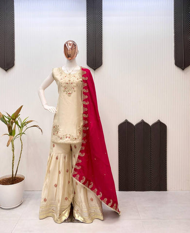 Festival Wear Cream Color Sequin Embroidery Beautiful Sharara Suit