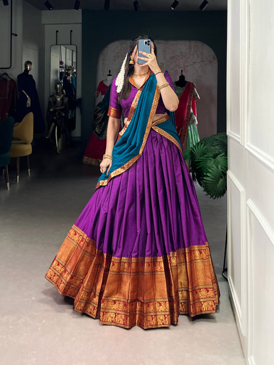Traditional South Wear Zari Weaving Work Purple Color Lehenga Choli