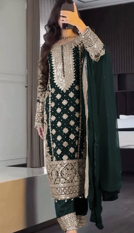Reception Wear Green Color  Embroidery Sequence Work Designer Salwar Suit