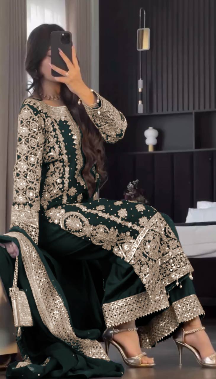 Reception Wear Green Color  Embroidery Sequence Work Designer Salwar Suit