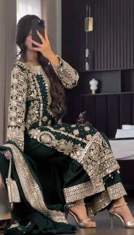 Reception Wear Green Color  Embroidery Sequence Work Designer Salwar Suit