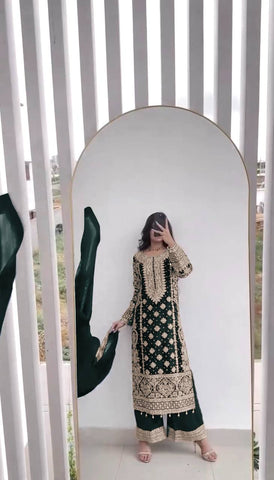Reception Wear Green Color  Embroidery Sequence Work Designer Salwar Suit