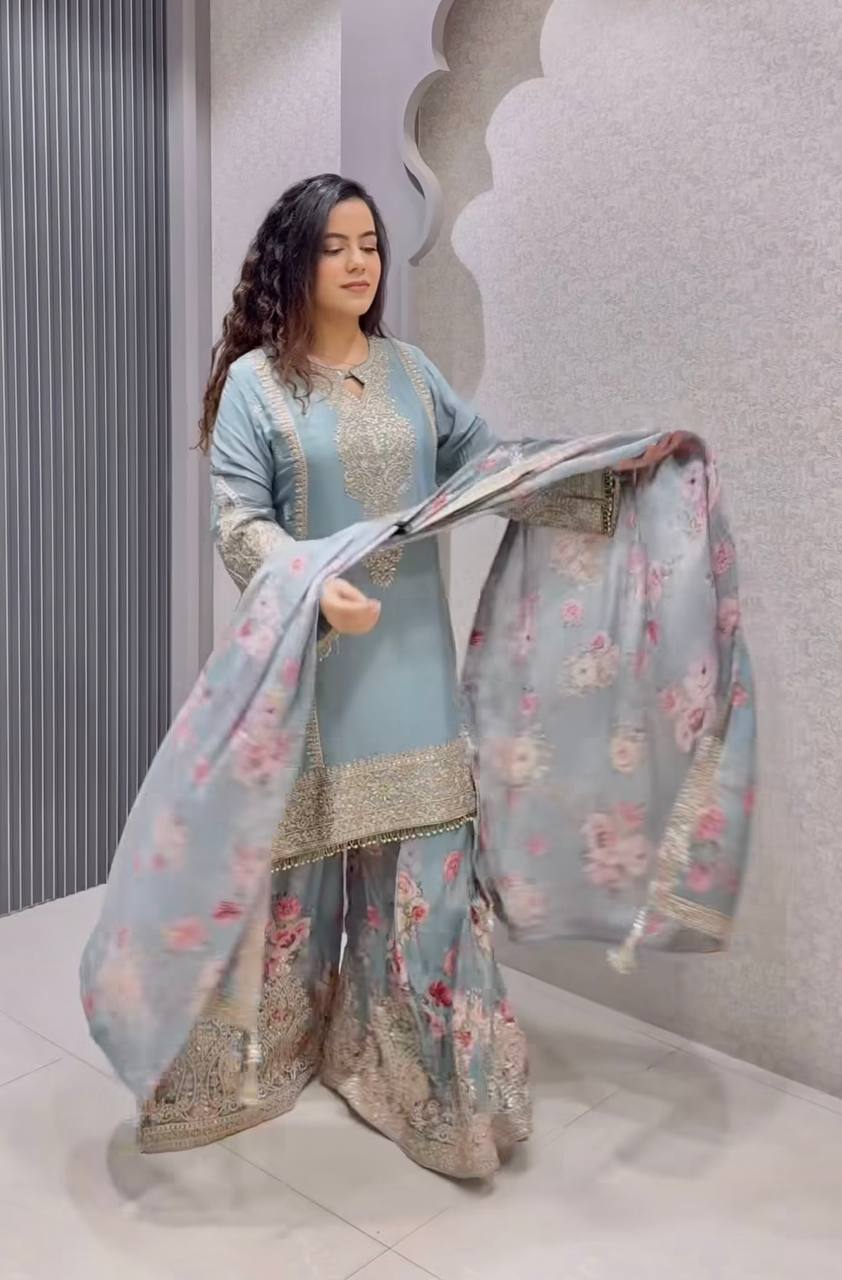 Occasion Wear Sky Blue Color Embroidery And Coding Dori Work Palazzo Suit