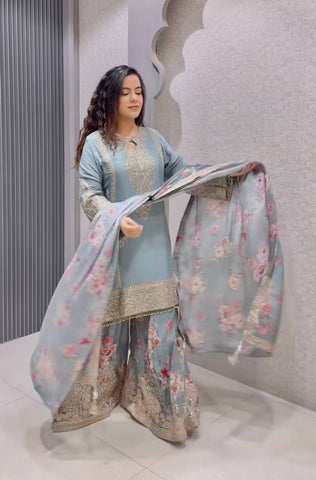 Occasion Wear Sky Blue Color Embroidery And Coding Dori Work Palazzo Suit