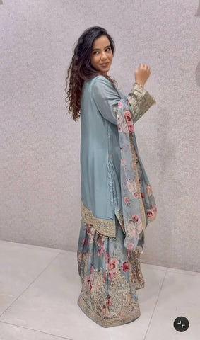Occasion Wear Sky Blue Color Embroidery And Coding Dori Work Palazzo Suit