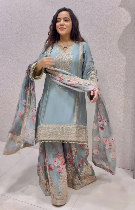 Occasion Wear Sky Blue Color Embroidery And Coding Dori Work Palazzo Suit