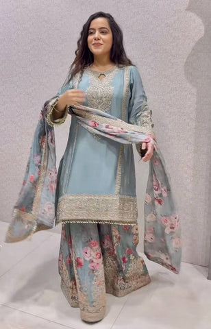 Occasion Wear Sky Blue Color Embroidery And Coding Dori Work Palazzo Suit