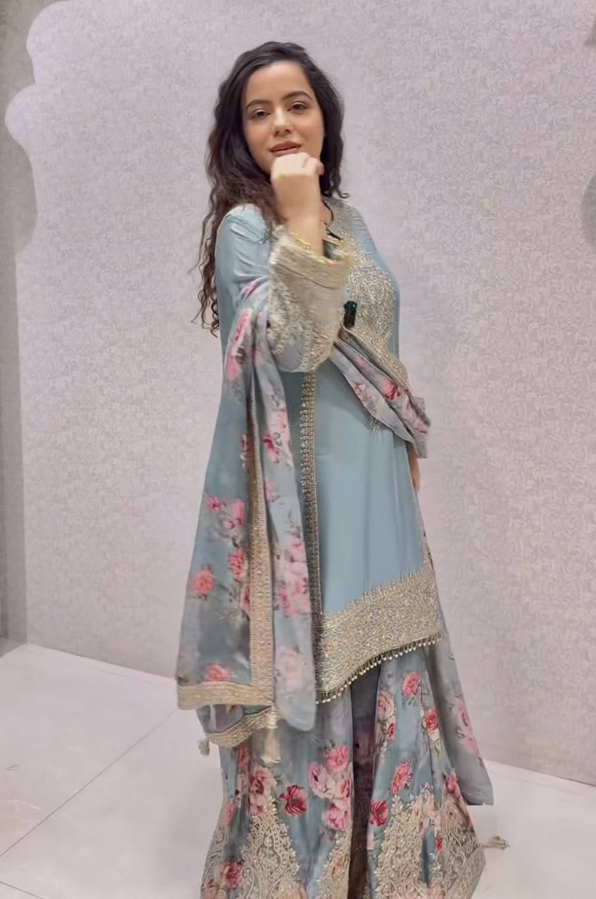 Occasion Wear Sky Blue Color Embroidery And Coding Dori Work Palazzo Suit