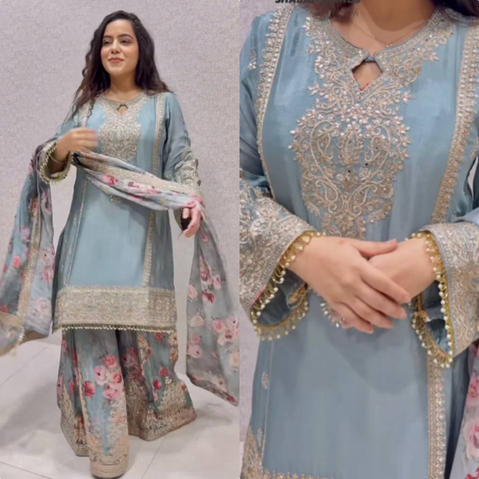 Occasion Wear Sky Blue Color Embroidery And Coding Dori Work Palazzo Suit