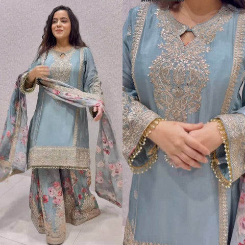 Occasion Wear Sky Blue Color Embroidery And Coding Dori Work Palazzo Suit