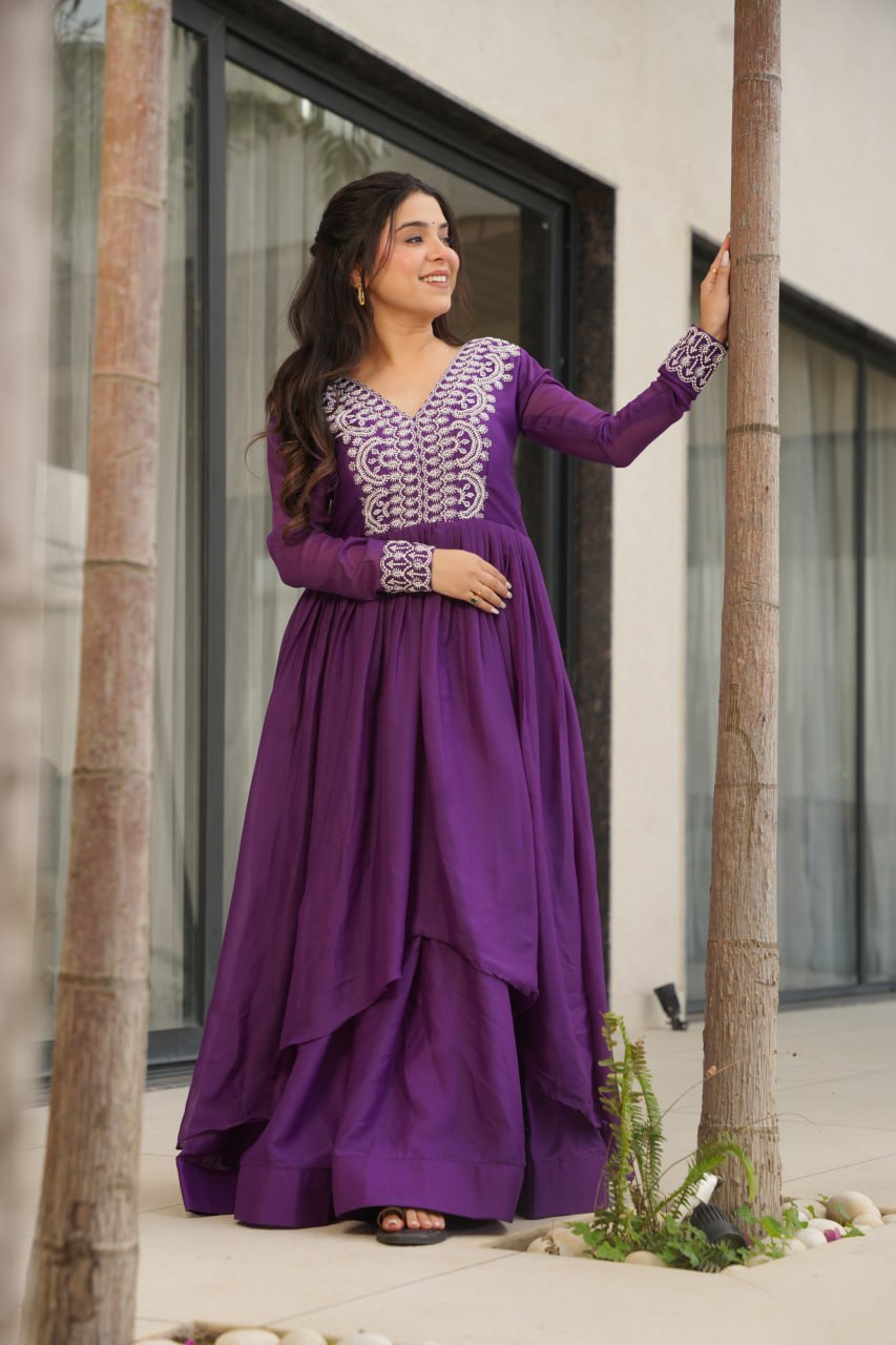 Engagements Wear Purple Color Embroidery With Beads And Sequin Work Beautiful Gown