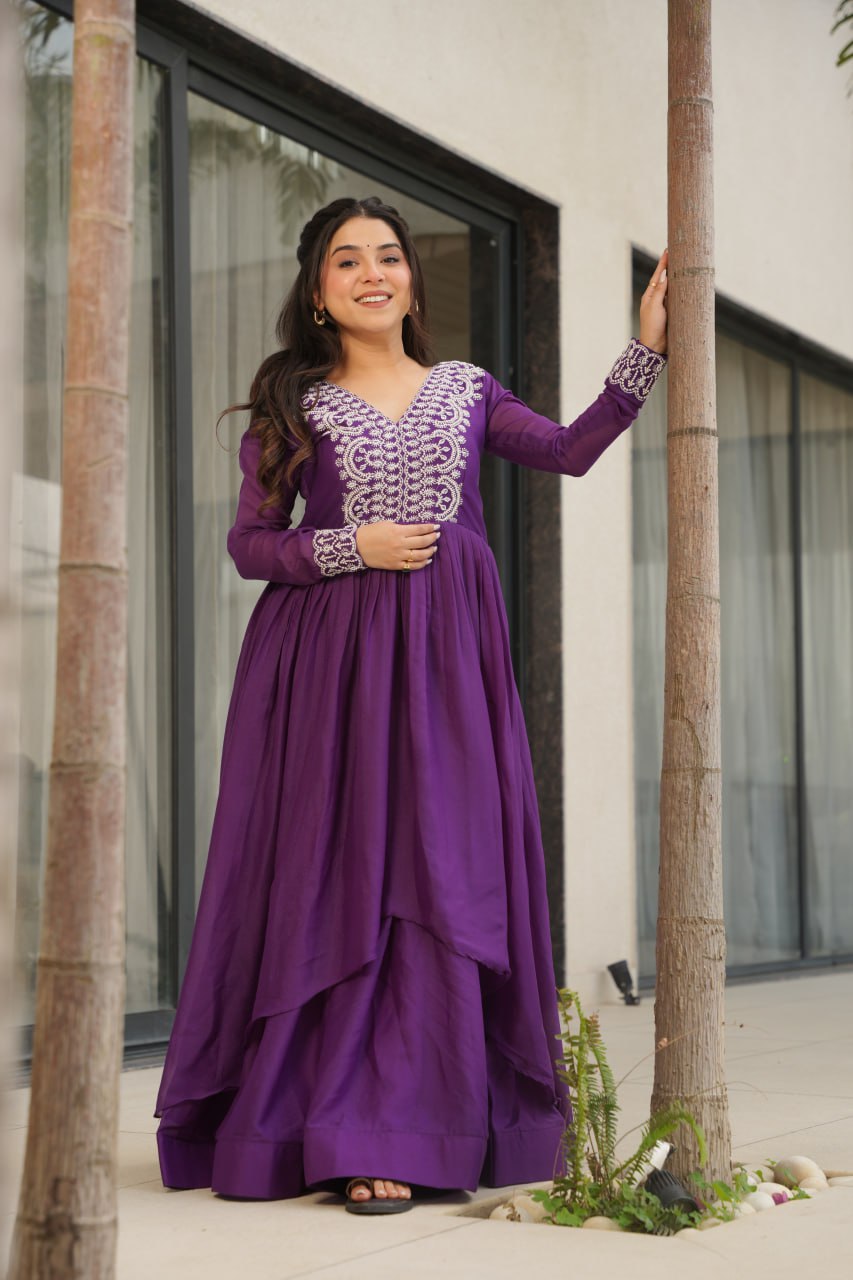 Engagements Wear Purple Color Embroidery With Beads And Sequin Work Beautiful Gown