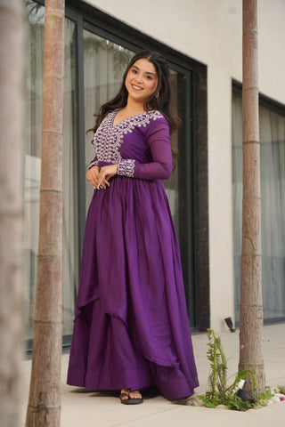 Engagements Wear Purple Color Embroidery With Beads And Sequin Work Beautiful Gown