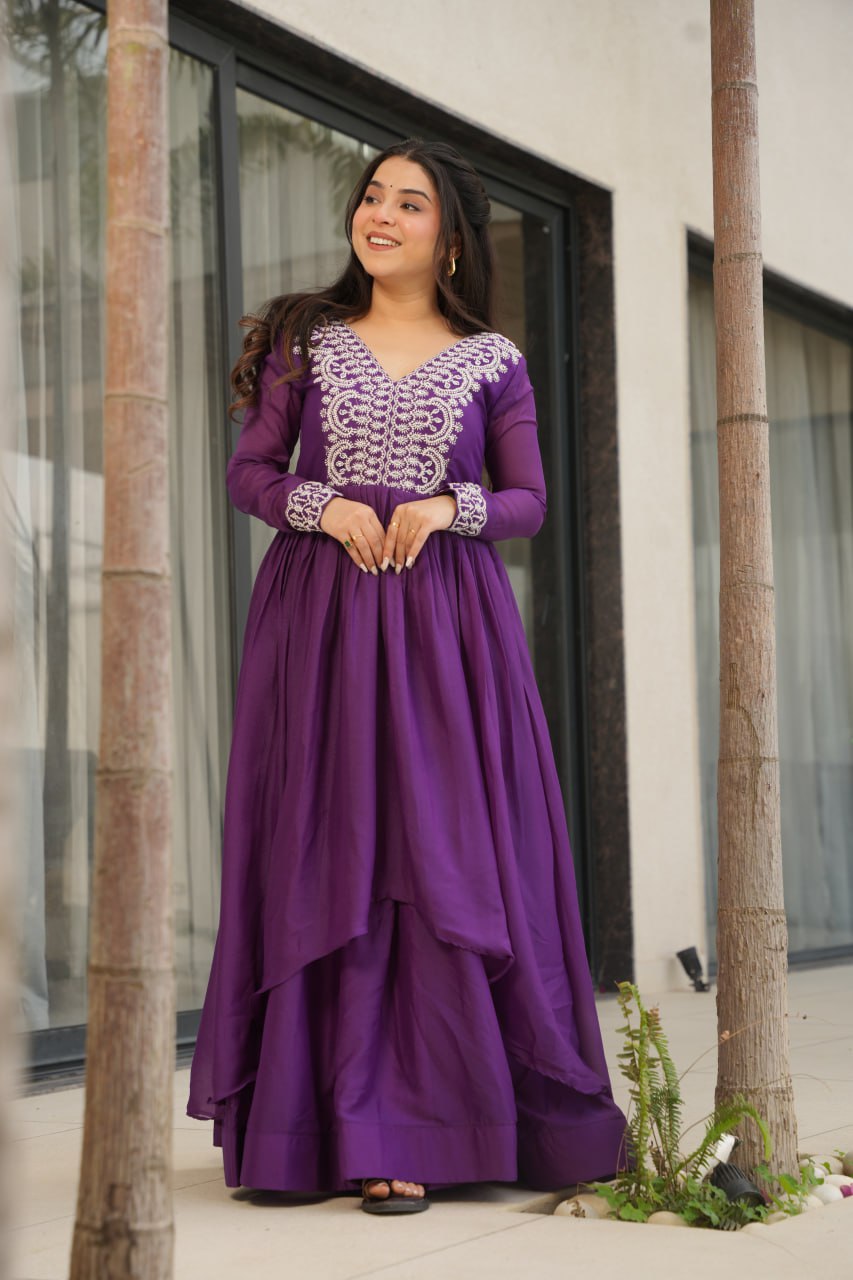 Engagements Wear Purple Color Embroidery With Beads And Sequin Work Beautiful Gown