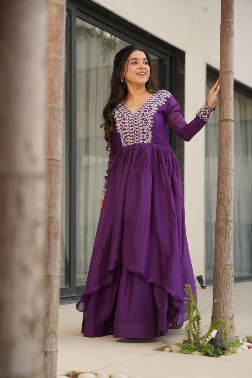 Engagements Wear Purple Color Embroidery With Beads And Sequin Work Beautiful Gown