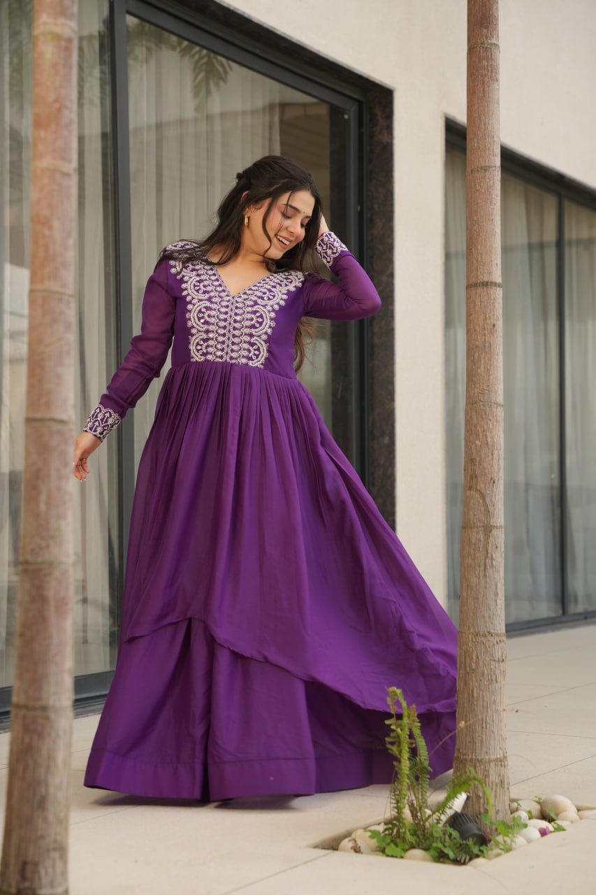 Engagements Wear Purple Color Embroidery With Beads And Sequin Work Beautiful Gown