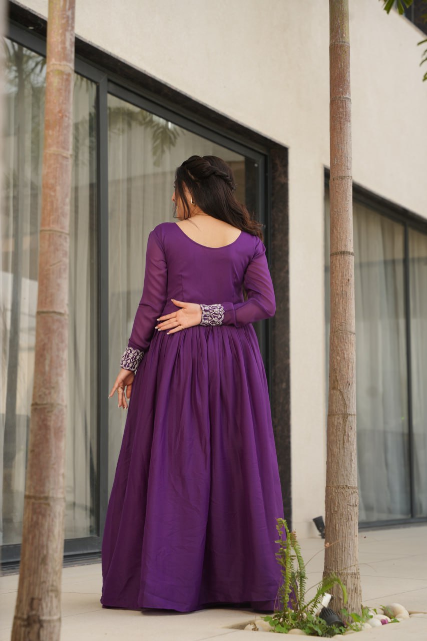 Engagements Wear Purple Color Embroidery With Beads And Sequin Work Beautiful Gown