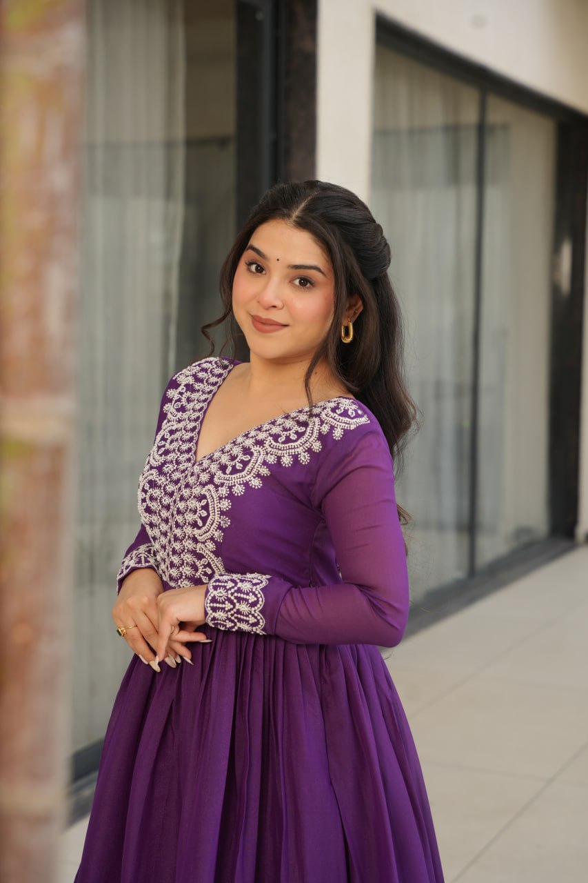 Engagements Wear Purple Color Embroidery With Beads And Sequin Work Beautiful Gown