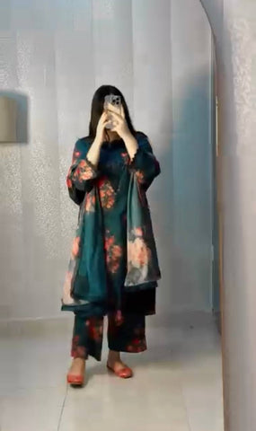 Elegant Green Color Embroidered Crepe Work Palazzo Suit Set