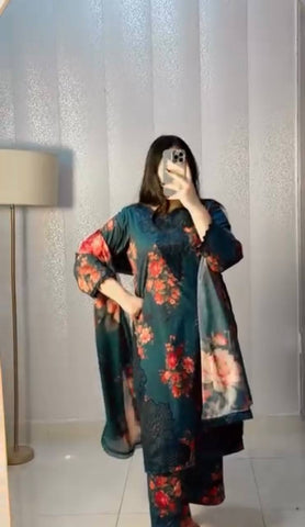 Elegant Green Color Embroidered Crepe Work Palazzo Suit Set