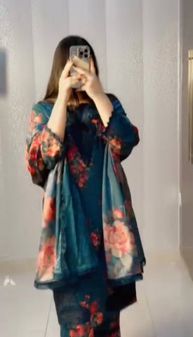 Elegant Green Color Embroidered Crepe Work Palazzo Suit Set