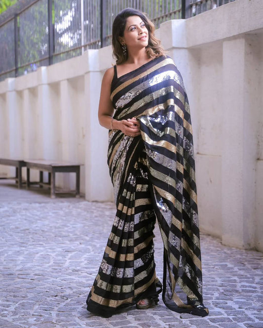 Designer Black Color Sequence Embroidery Work Part Wear Saree