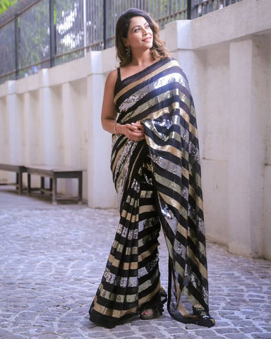 Designer Black Color Sequence Embroidery Work Part Wear Saree