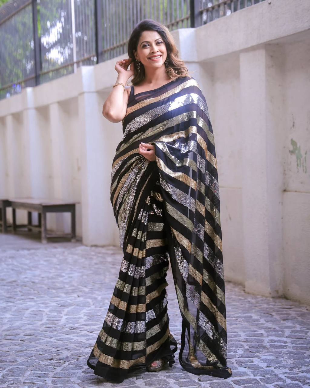 Designer Black Color Sequence Embroidery Work Part Wear Saree