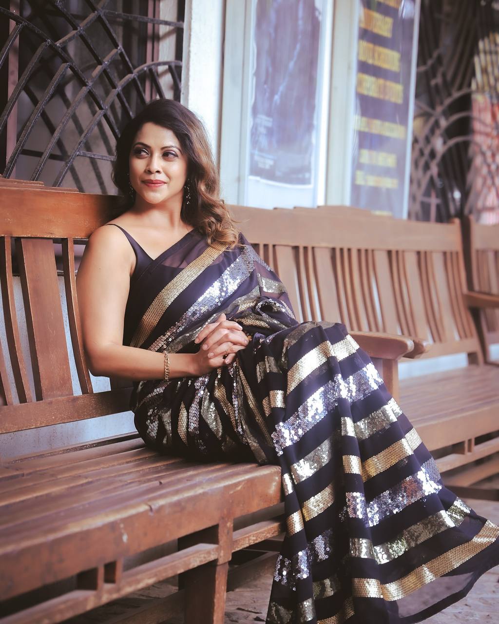 Designer Black Color Sequence Embroidery Work Part Wear Saree