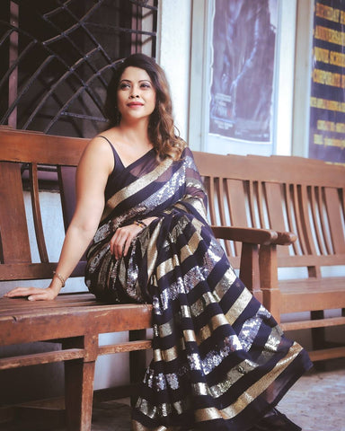 Designer Black Color Sequence Embroidery Work Part Wear Saree