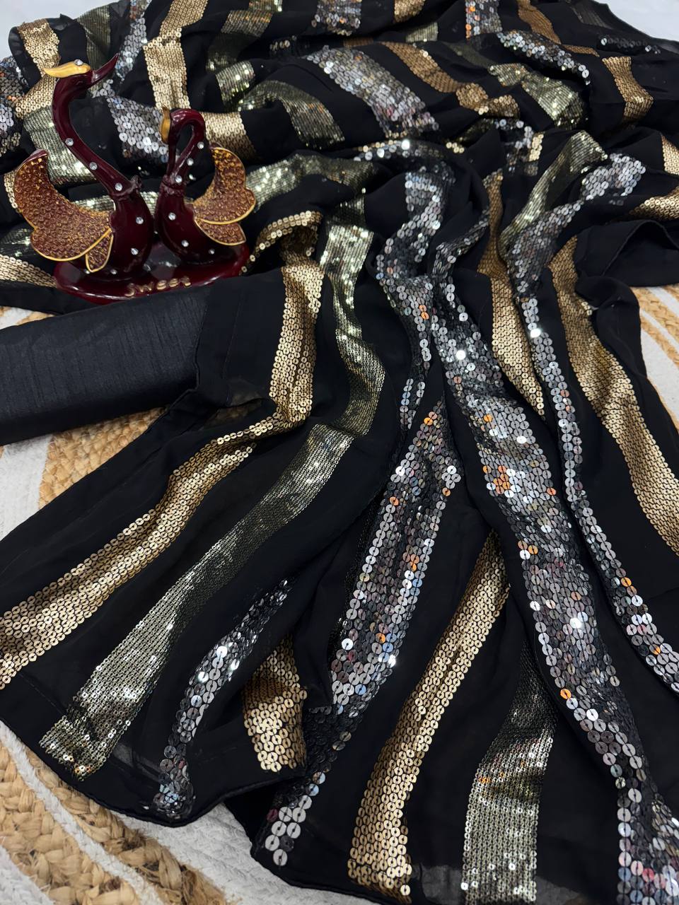 Designer Black Color Sequence Embroidery Work Part Wear Saree