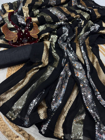 Designer Black Color Sequence Embroidery Work Part Wear Saree