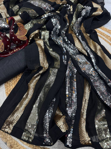 Designer Black Color Sequence Embroidery Work Part Wear Saree