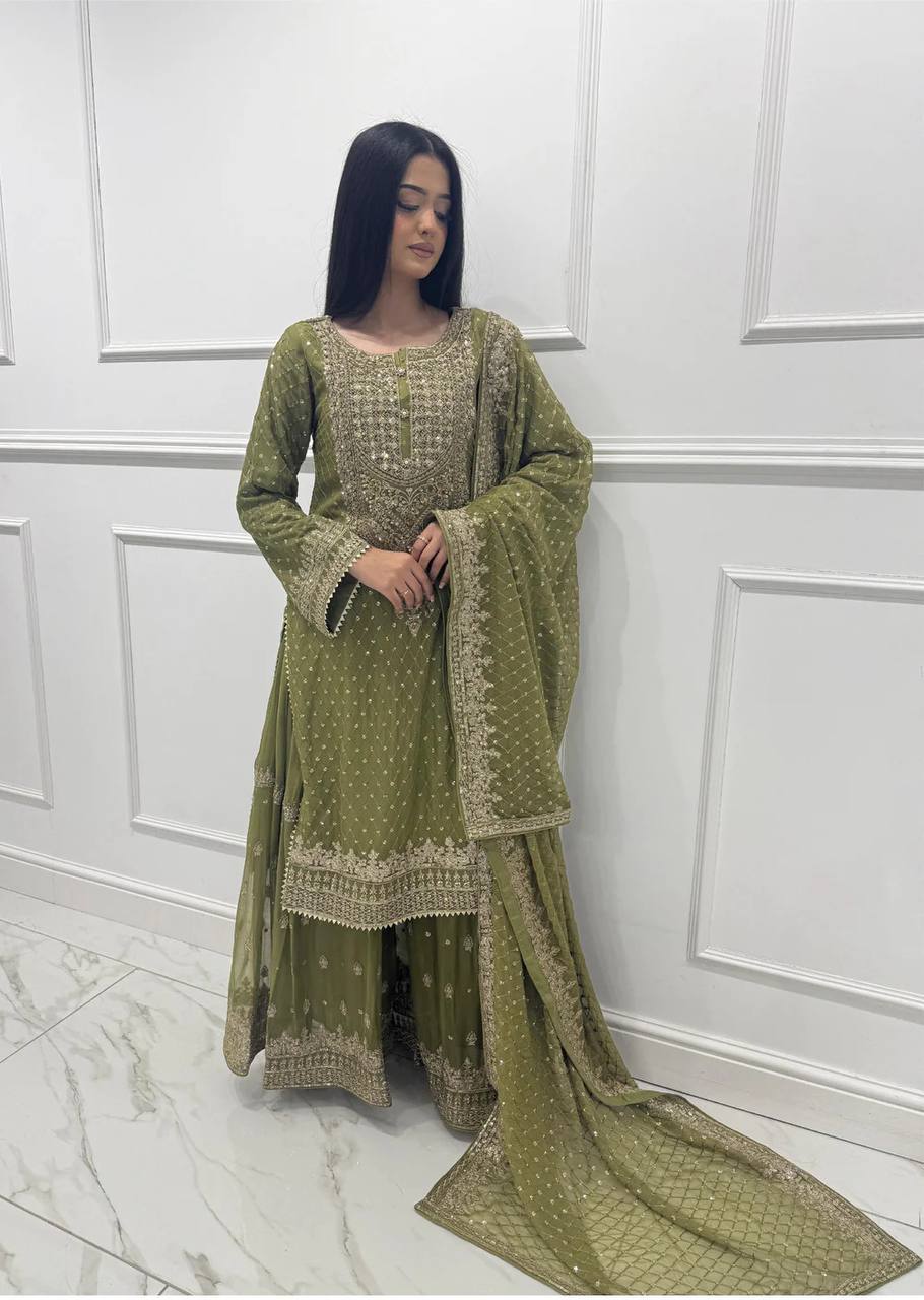 Sangeet Wear Green Color Sequence Embroidery Work Sharara Suit
