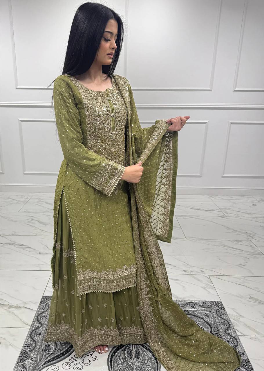 Sangeet Wear Green Color Sequence Embroidery Work Sharara Suit