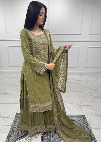 Sangeet Wear Green Color Sequence Embroidery Work Sharara Suit