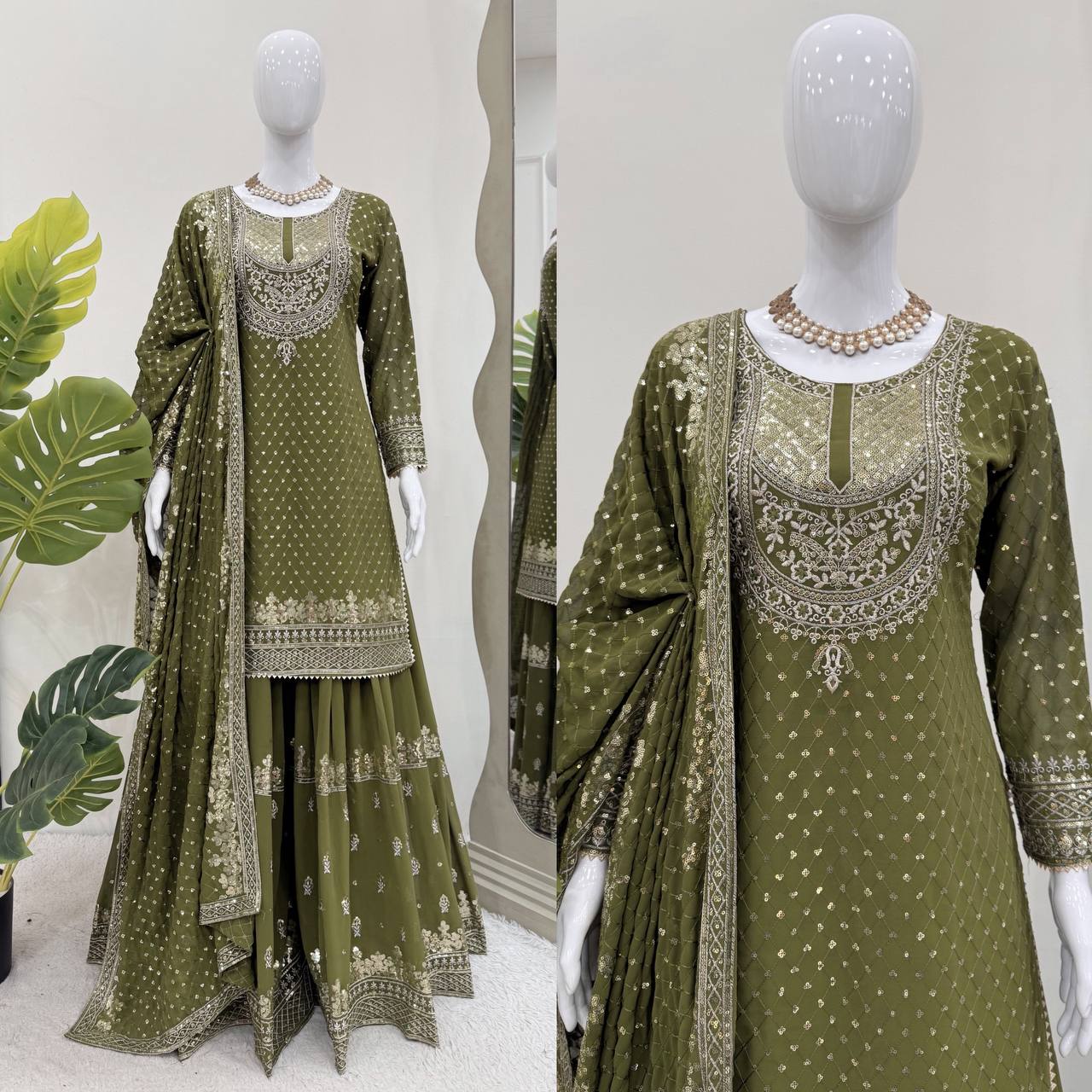 Sangeet Wear Green Color Sequence Embroidery Work Sharara Suit