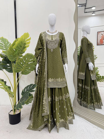 Sangeet Wear Green Color Sequence Embroidery Work Sharara Suit