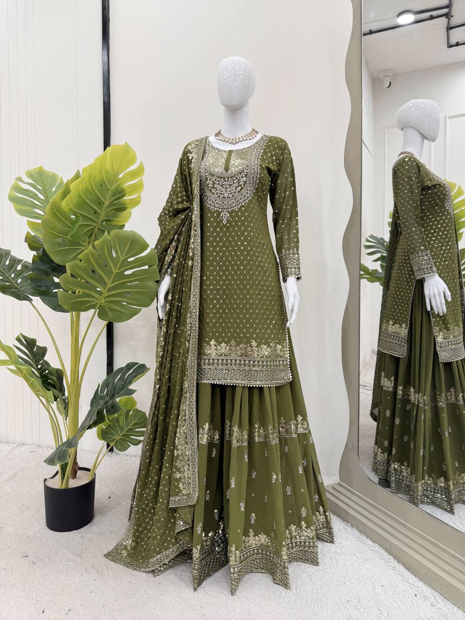 Sangeet Wear Green Color Sequence Embroidery Work Sharara Suit