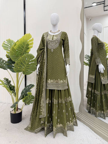 Sangeet Wear Green Color Sequence Embroidery Work Sharara Suit