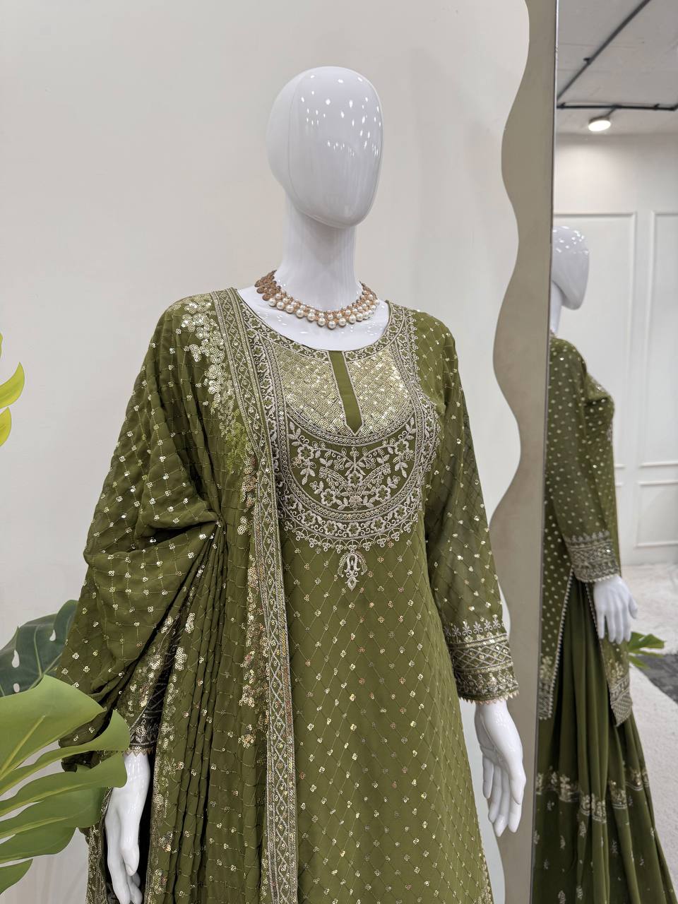 Sangeet Wear Green Color Sequence Embroidery Work Sharara Suit