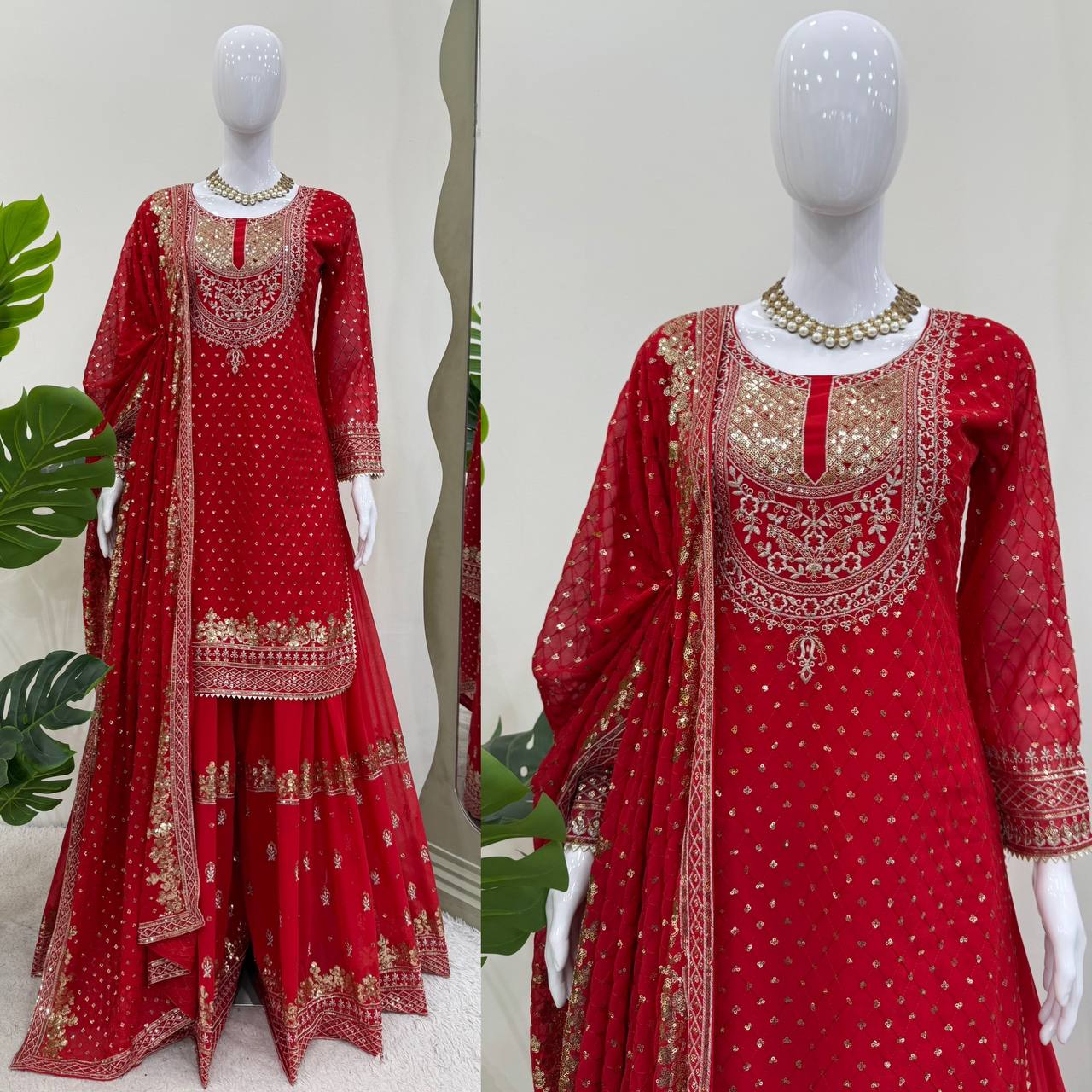 Patry Wear Red Color Sequence Embroidery Work Sharara Suit