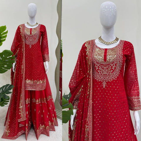 Patry Wear Red Color Sequence Embroidery Work Sharara Suit