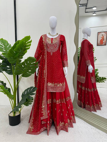 Patry Wear Red Color Sequence Embroidery Work Sharara Suit