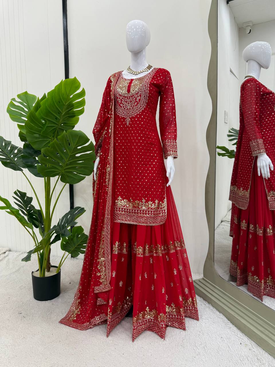Patry Wear Red Color Sequence Embroidery Work Sharara Suit