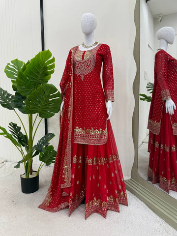 Patry Wear Red Color Sequence Embroidery Work Sharara Suit