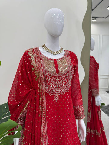 Patry Wear Red Color Sequence Embroidery Work Sharara Suit