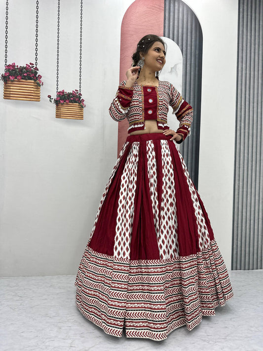Maroon Color Ajarakh Print With Real Mirror Work Navratri Lehenga Choli